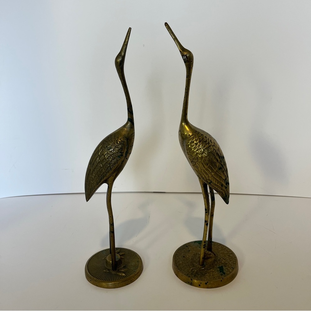 Vintage Brass Set of 2 Crane Birds 12" Egret Heron Statues Korea Standing Art